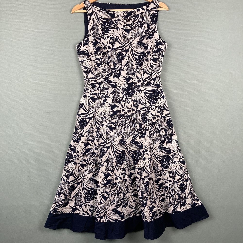 Monsoon Women's Navy Blue Floral Boat Neck Fit & Flare Dress Size US 6